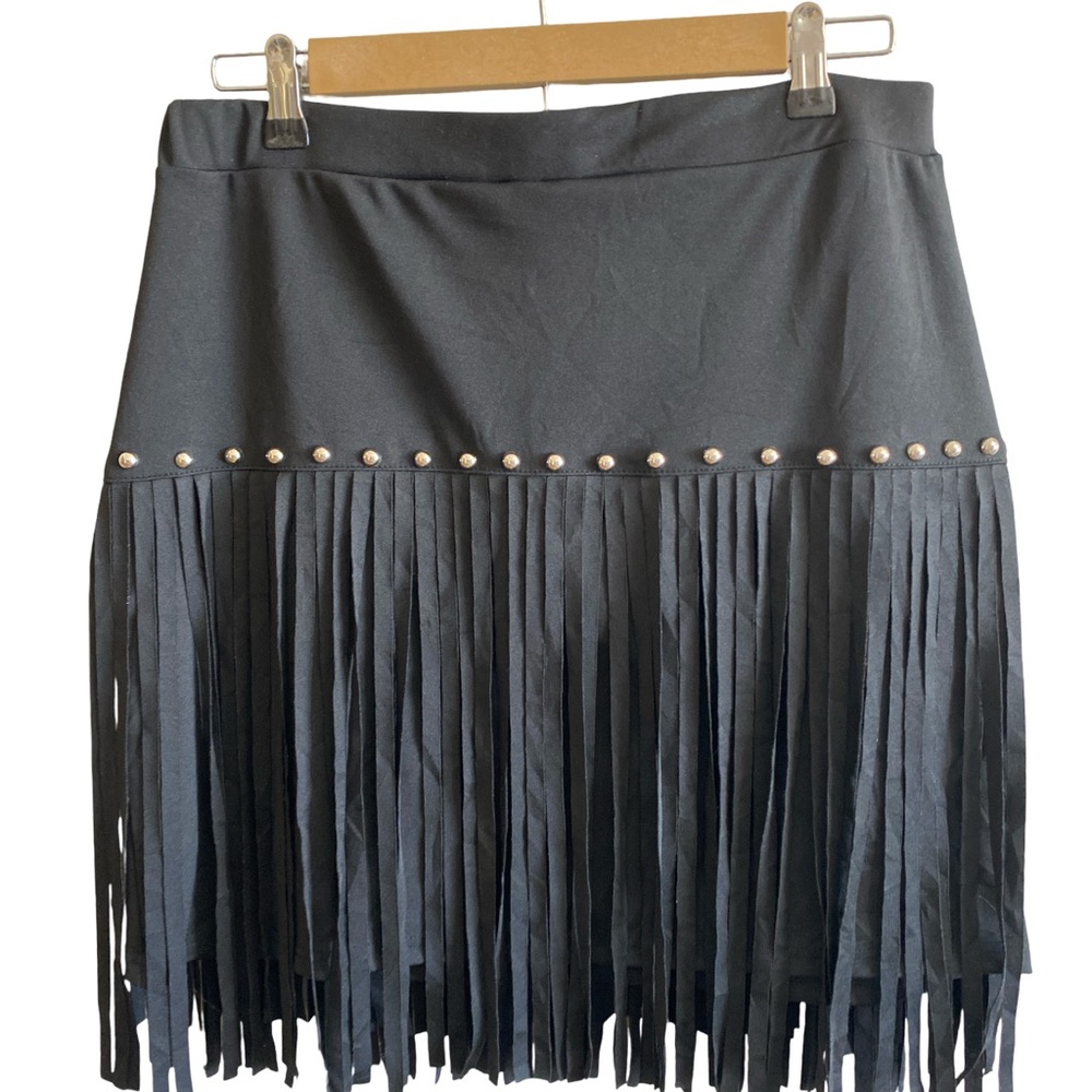 Black Fringe Stud Mini Skirt Festival‎ Western Boho Silver Studs Stretch 2XL - Picture 2 of 7